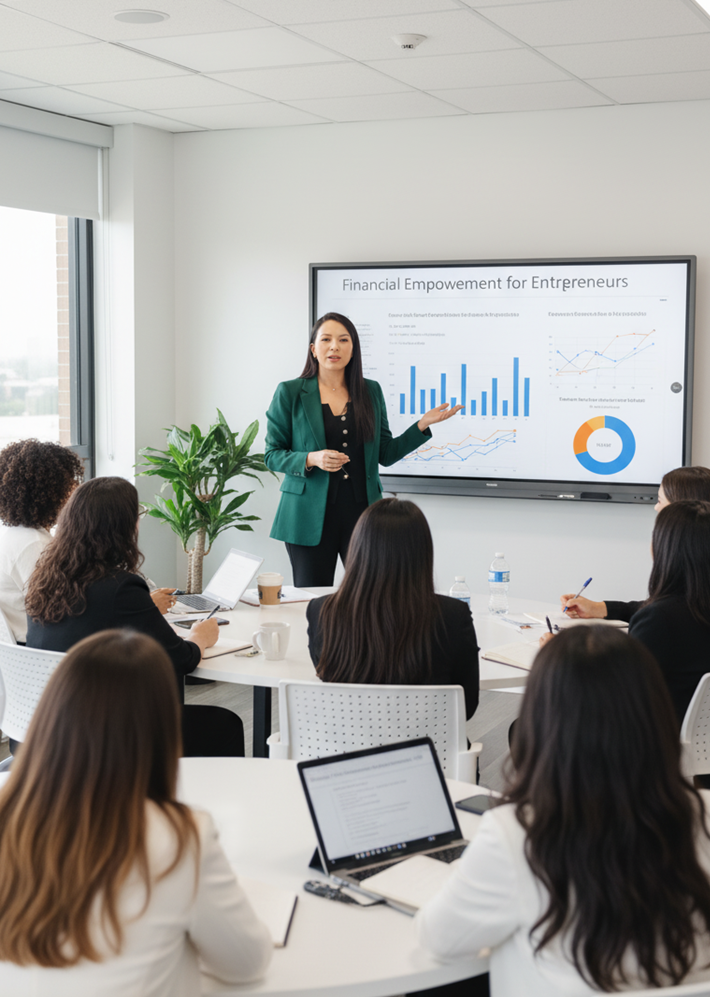 Presentación de empoderamiento financiero para emprendedores: facilitadora frente a pantalla con gráficos y grupo en sala de reuniones
